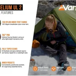 Vango F10 Helium UL 2 Ultralichte Trekking Tunneltent - 1/2 Persoons - Groen -Uitrusting Voor Buiten Verkoop 2024 1900 1783 f10 helium ul 2 5